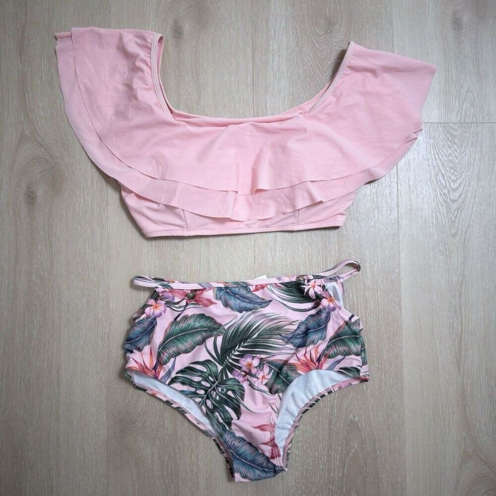 NWT Tropical Swimsuit Ruffle Bikini Pink Palm Leaf Adult XL Retro High Waisted